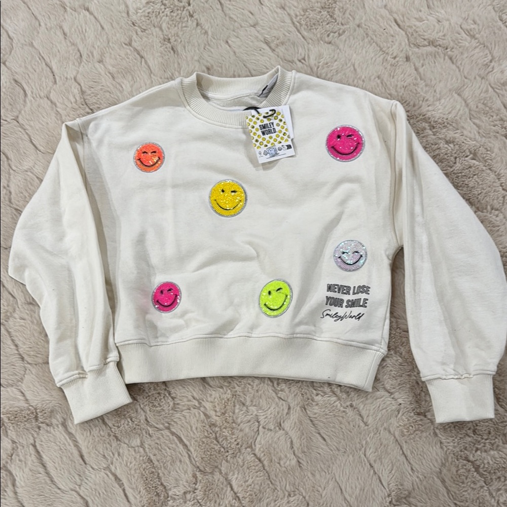 Zara x Smiley World Cream Sweatshirt with Colorful Sequin Smiley Faces
